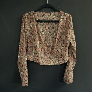 Vintage Y2K Women's Wrap Blouse Size L Floral Boho Festival Top Cropped Shirt